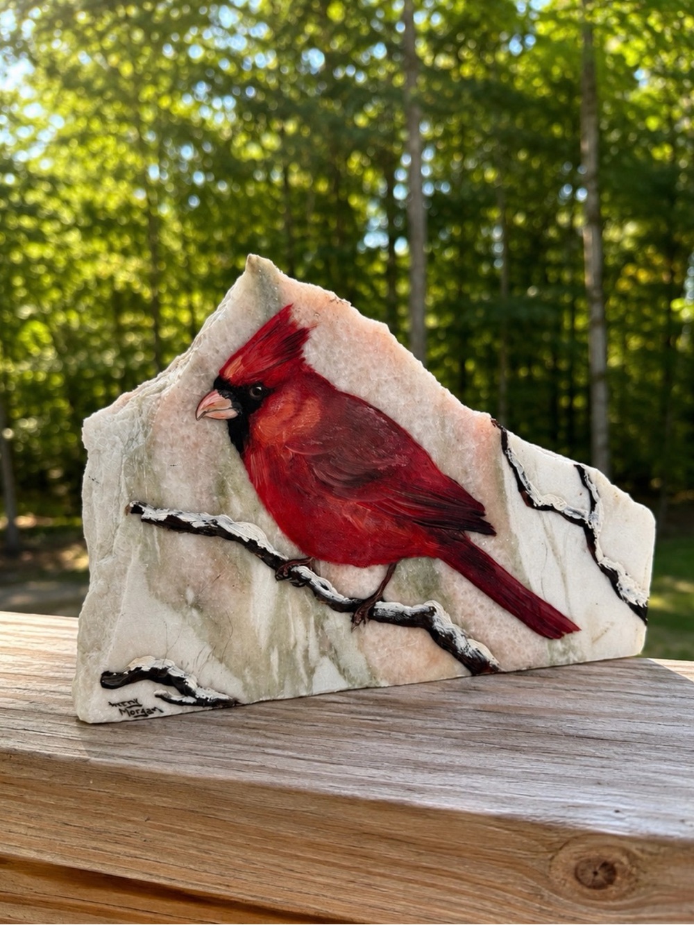 Red Cardinal | Hand Painted on Marble